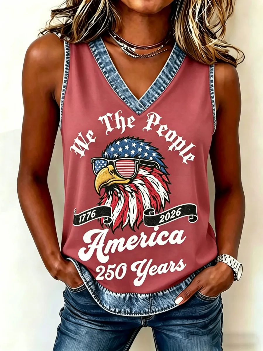 We The People Eagle Print V-Neck Tank Top, Patriotic Denim Trim Casual Sleeveless Top