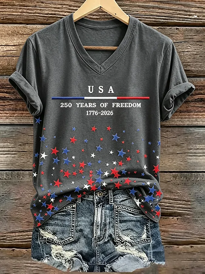 USA 250 Years of Freedom Star Print V-Neck Casual T-Shirt