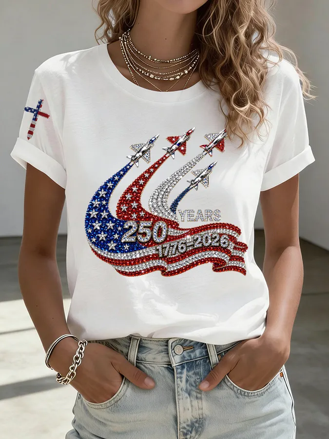 Patriotic 250 Years Flag & Jet Rhinestone Embellished Crew Neck Tee