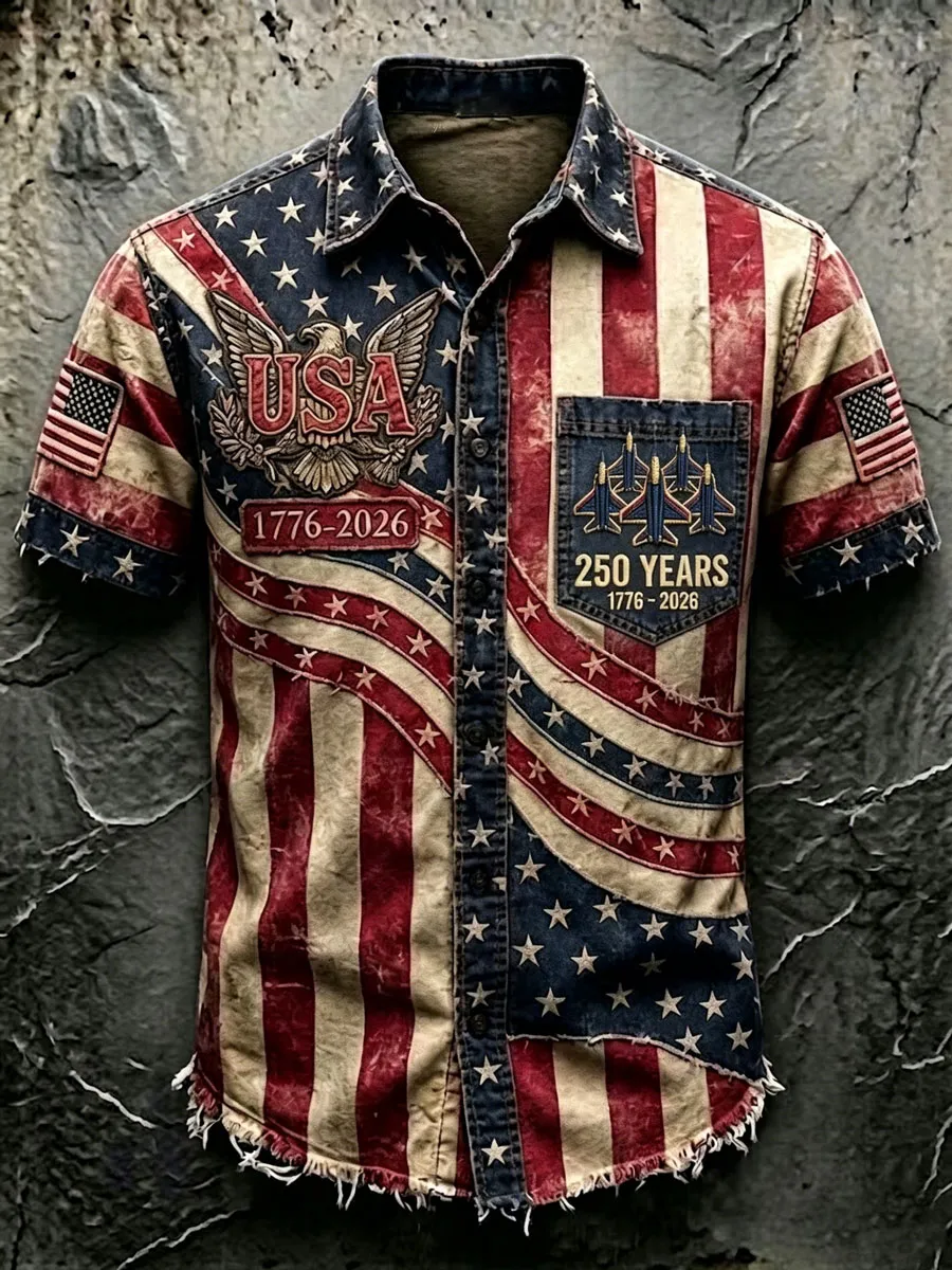 Vintage USA Eagle & Jet Print Short Sleeve Patriotic Button-Down Shirt