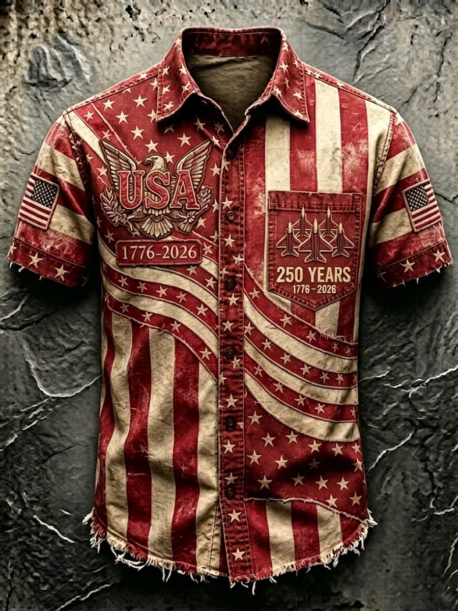 Vintage USA Eagle & Jet Print Short Sleeve Patriotic Button-Down Shirt
