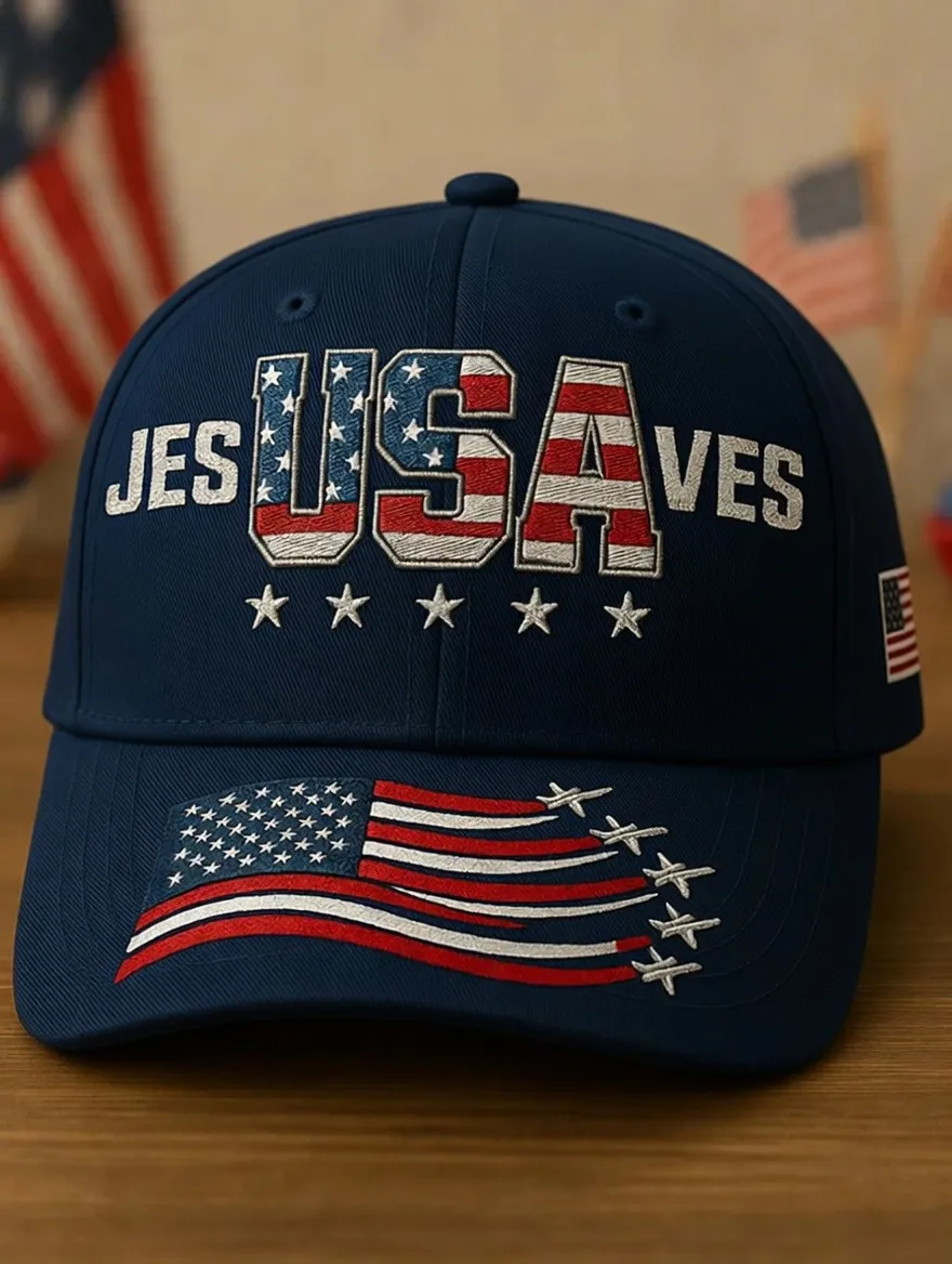 Patriotic USA Flag Jet Design "Jesus Saves" Baseball Hat