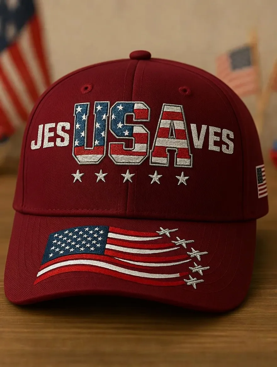 Patriotic USA Flag Jet Design "Jesus Saves" Baseball Hat