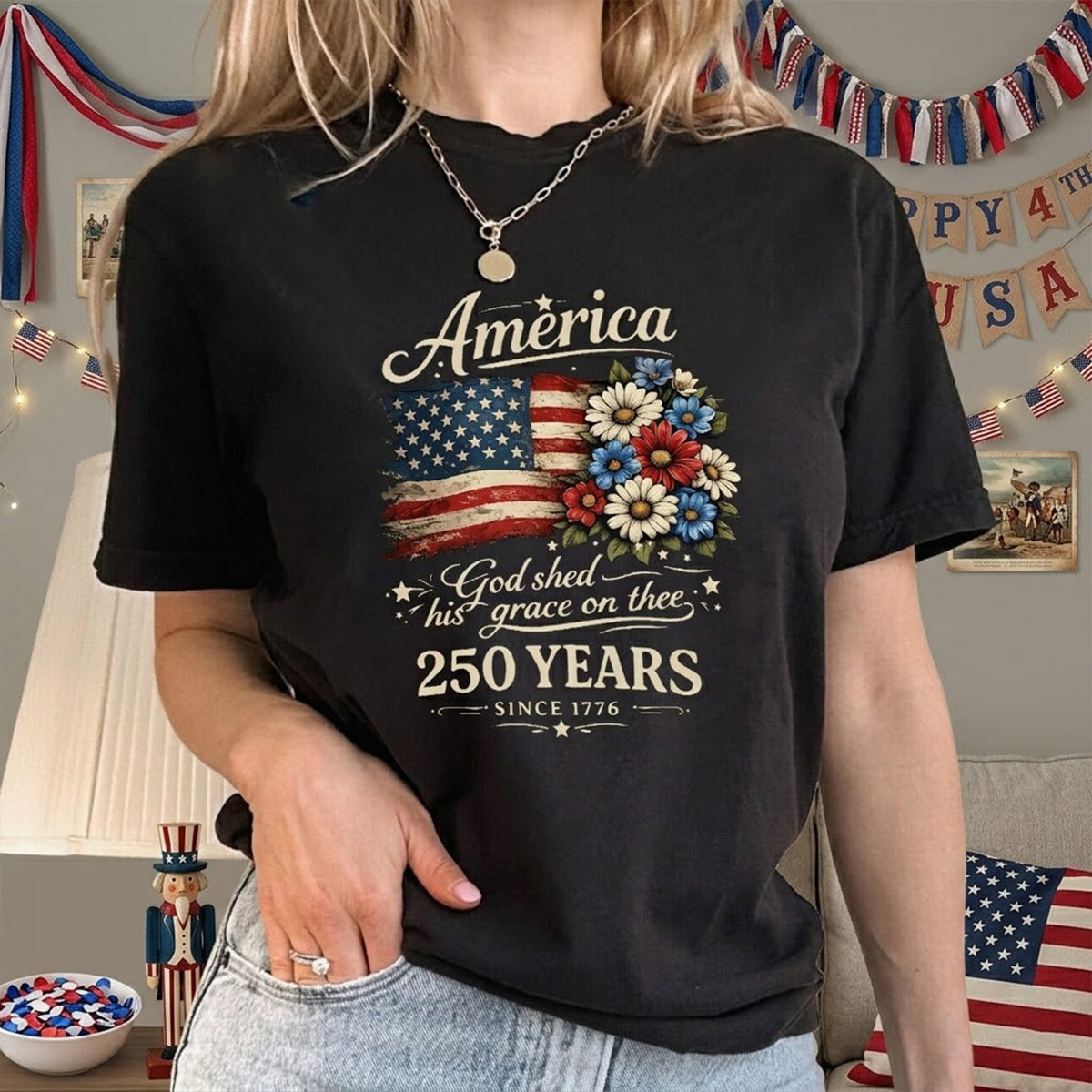 America 250 Years Floral Flag Graphic Tee – Vintage USA Flag with Flowers & "God Shed His Grace" Quote, Casual Black Short Sleeve Top