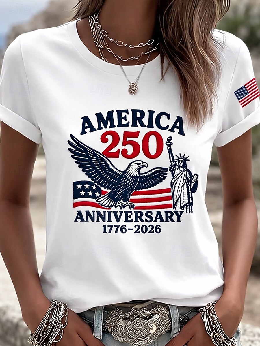 America 250th Anniversary Graphic T-Shirt – Vintage Eagle & Statue of Liberty Print, Patriotic Short Sleeve Casual Top