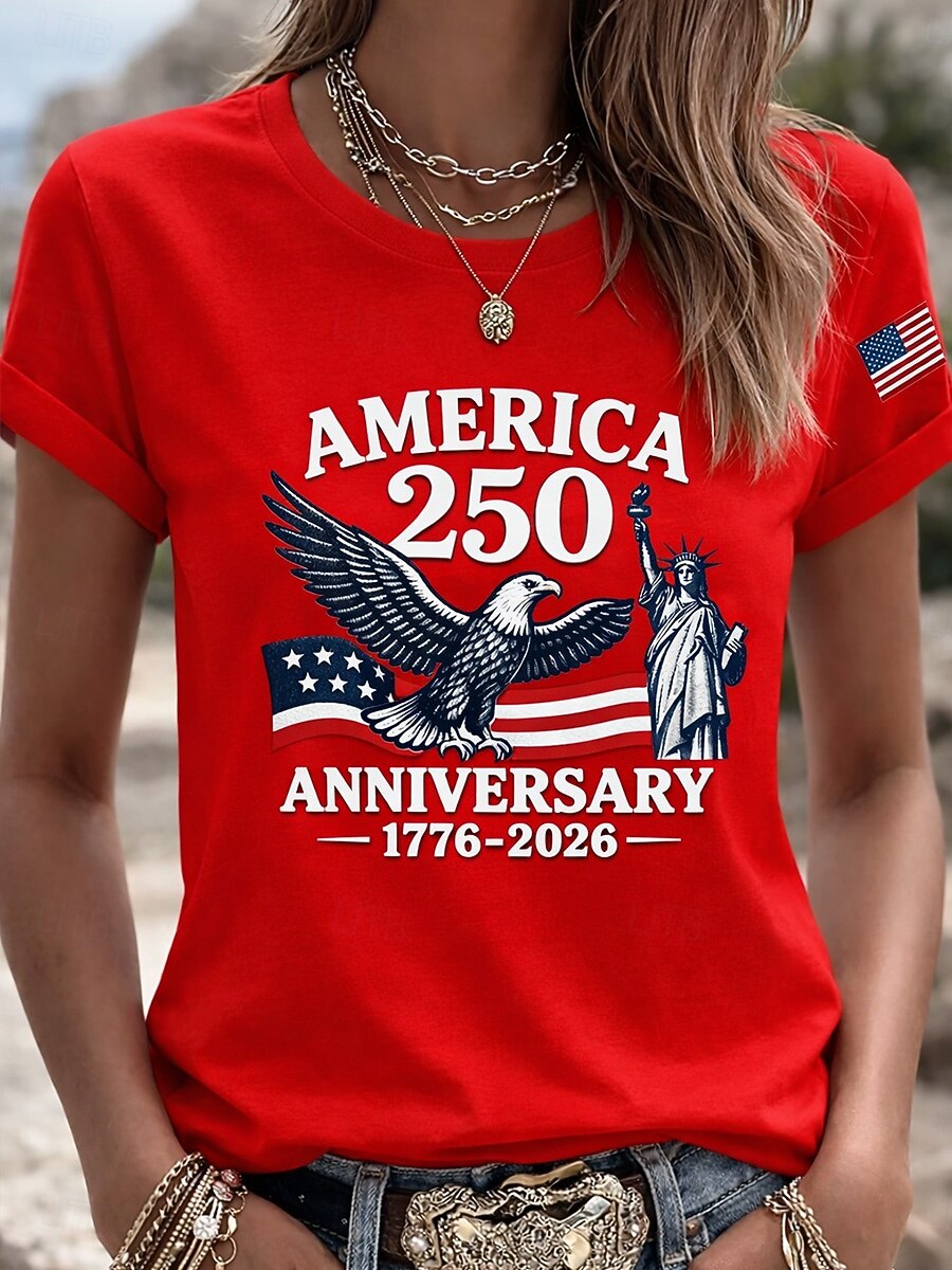 America 250th Anniversary Graphic T-Shirt – Vintage Eagle & Statue of Liberty Print, Patriotic Short Sleeve Casual Top
