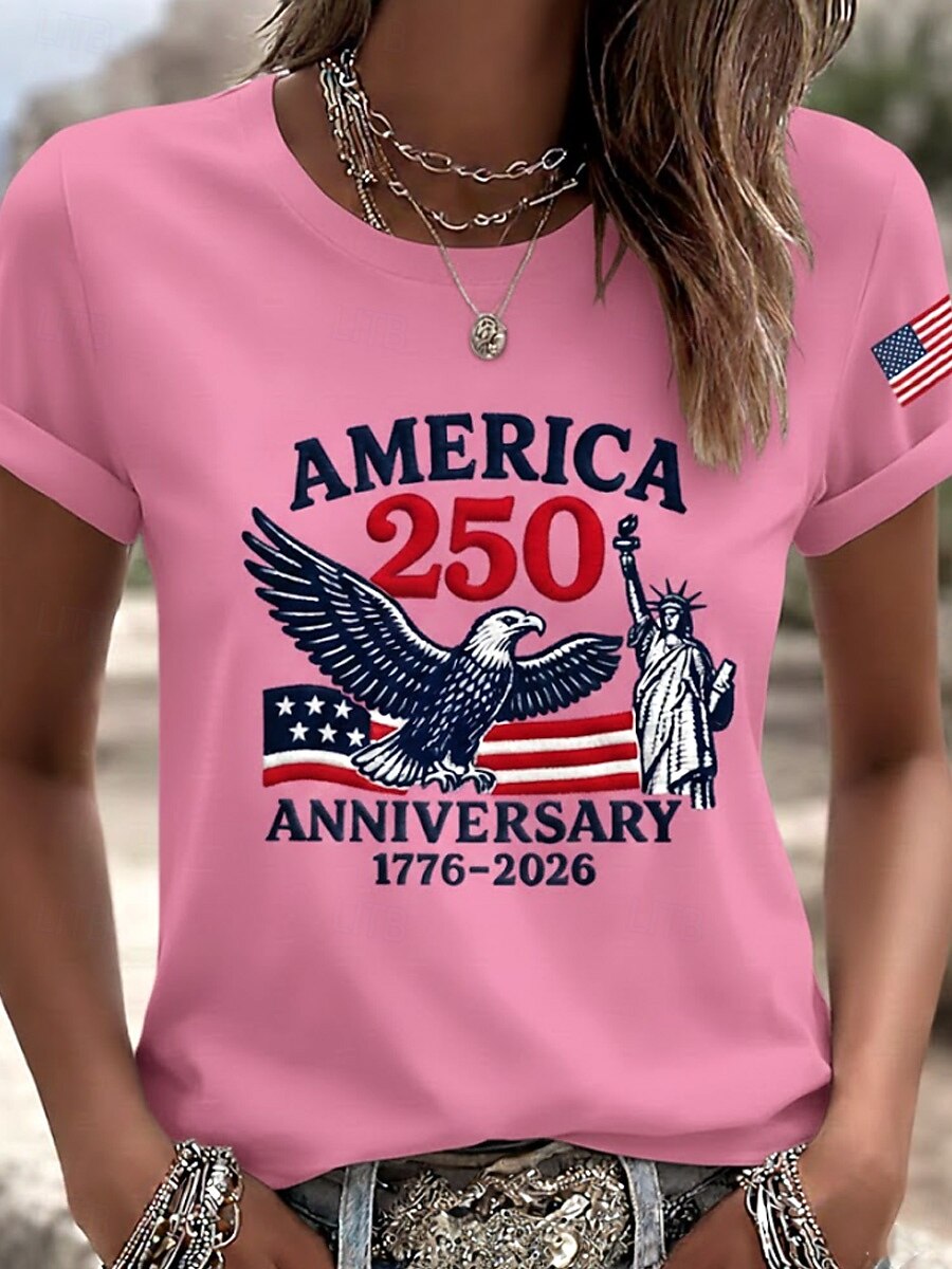 America 250th Anniversary Graphic T-Shirt – Vintage Eagle & Statue of Liberty Print, Patriotic Short Sleeve Casual Top