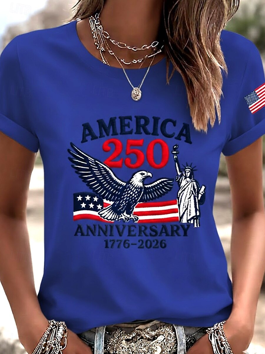 America 250th Anniversary Graphic T-Shirt – Vintage Eagle & Statue of Liberty Print, Patriotic Short Sleeve Casual Top