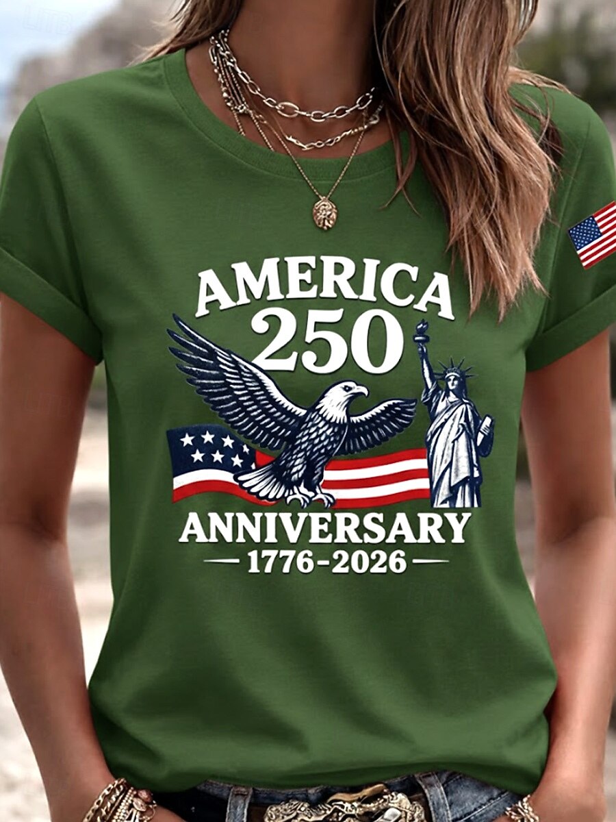 America 250th Anniversary Graphic T-Shirt – Vintage Eagle & Statue of Liberty Print, Patriotic Short Sleeve Casual Top