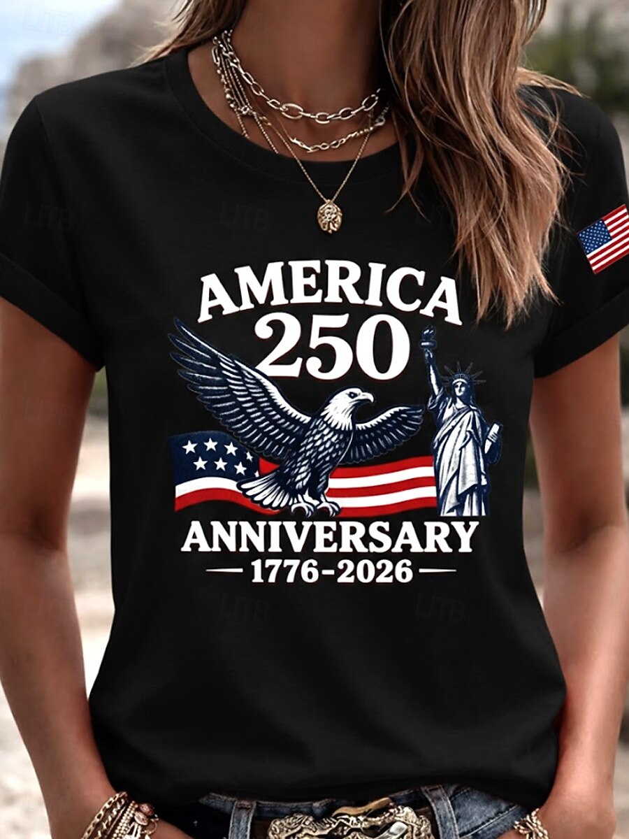 America 250th Anniversary Graphic T-Shirt – Vintage Eagle & Statue of Liberty Print, Patriotic Short Sleeve Casual Top