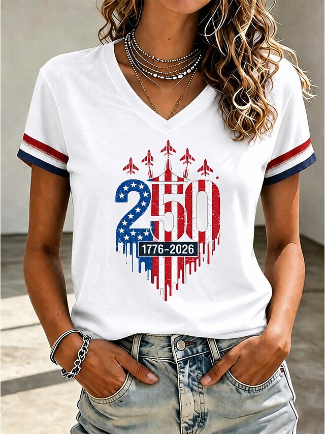 USA 250th Anniversary V-Neck T-Shirt – Heart-Shaped Flag & Fighter Jet Print, Patriotic Short Sleeve Casual Top