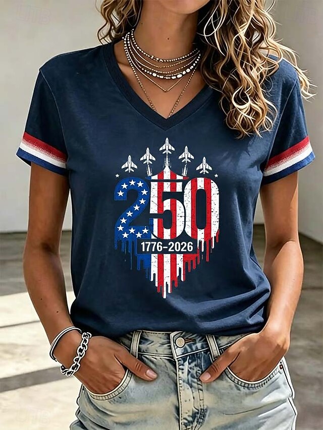 USA 250th Anniversary V-Neck T-Shirt – Heart-Shaped Flag & Fighter Jet Print, Patriotic Short Sleeve Casual Top