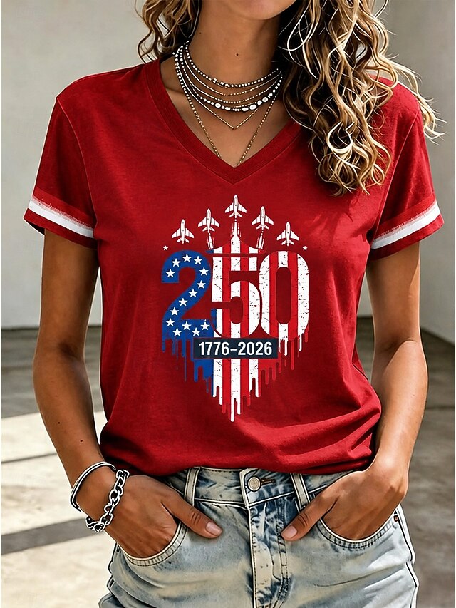 USA 250th Anniversary V-Neck T-Shirt – Heart-Shaped Flag & Fighter Jet Print, Patriotic Short Sleeve Casual Top