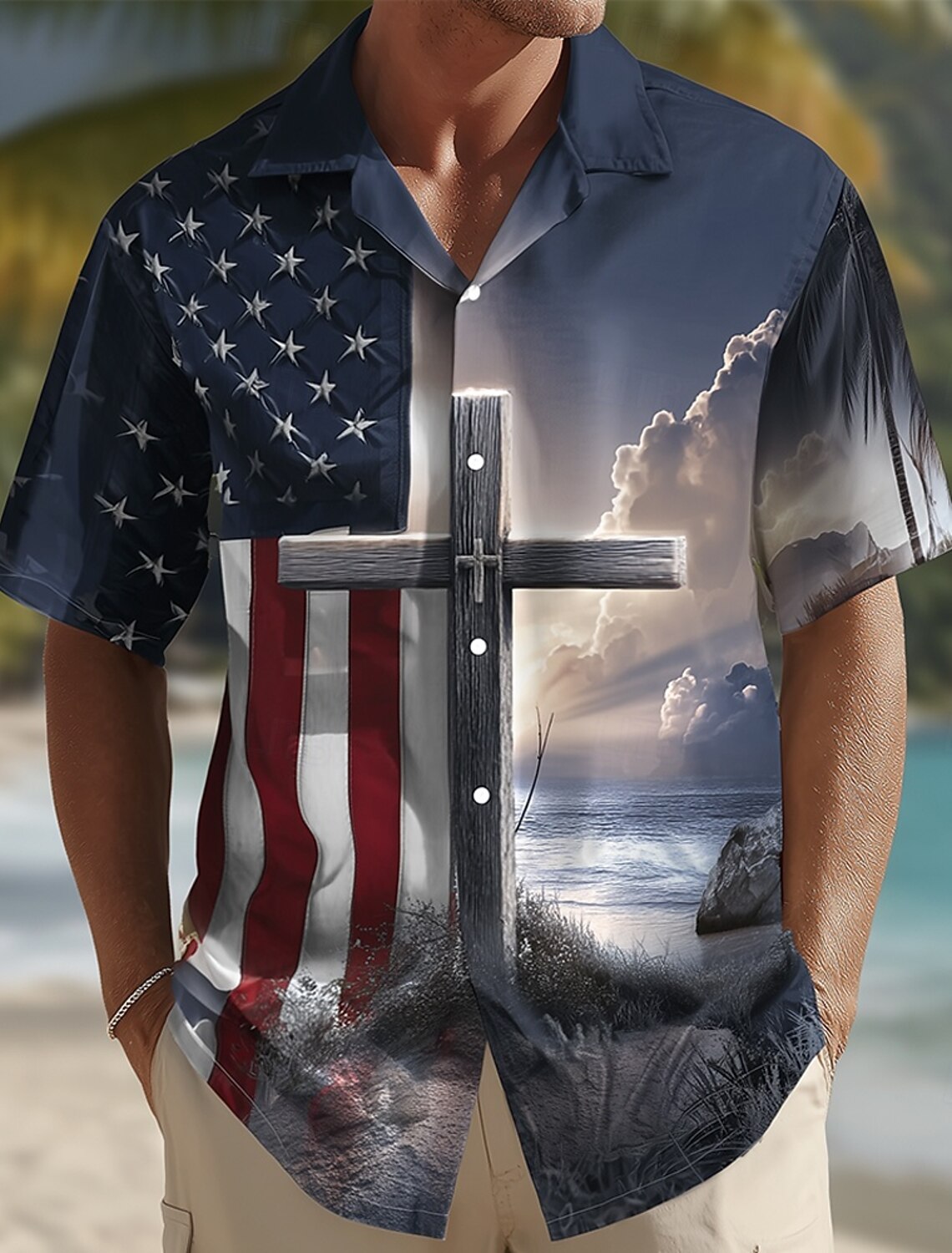Men's Patriotic Cross & American Flag Short Sleeve Shirt 🇺🇸