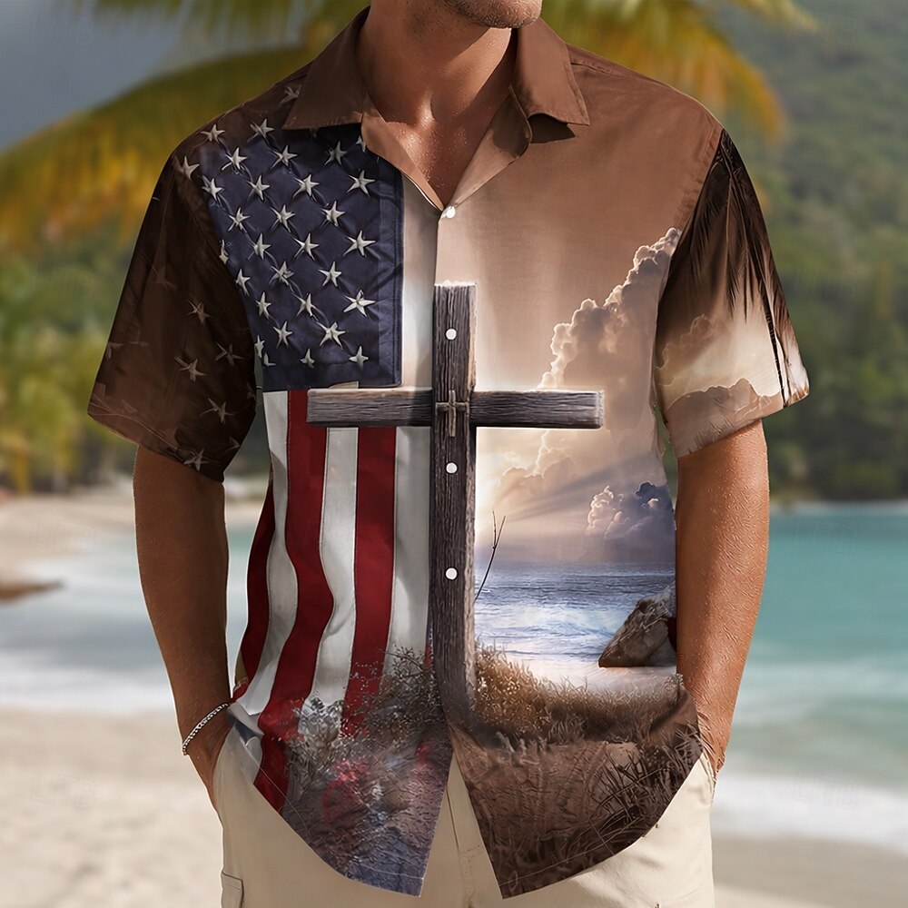 Men's Patriotic Cross & American Flag Short Sleeve Shirt 🇺🇸