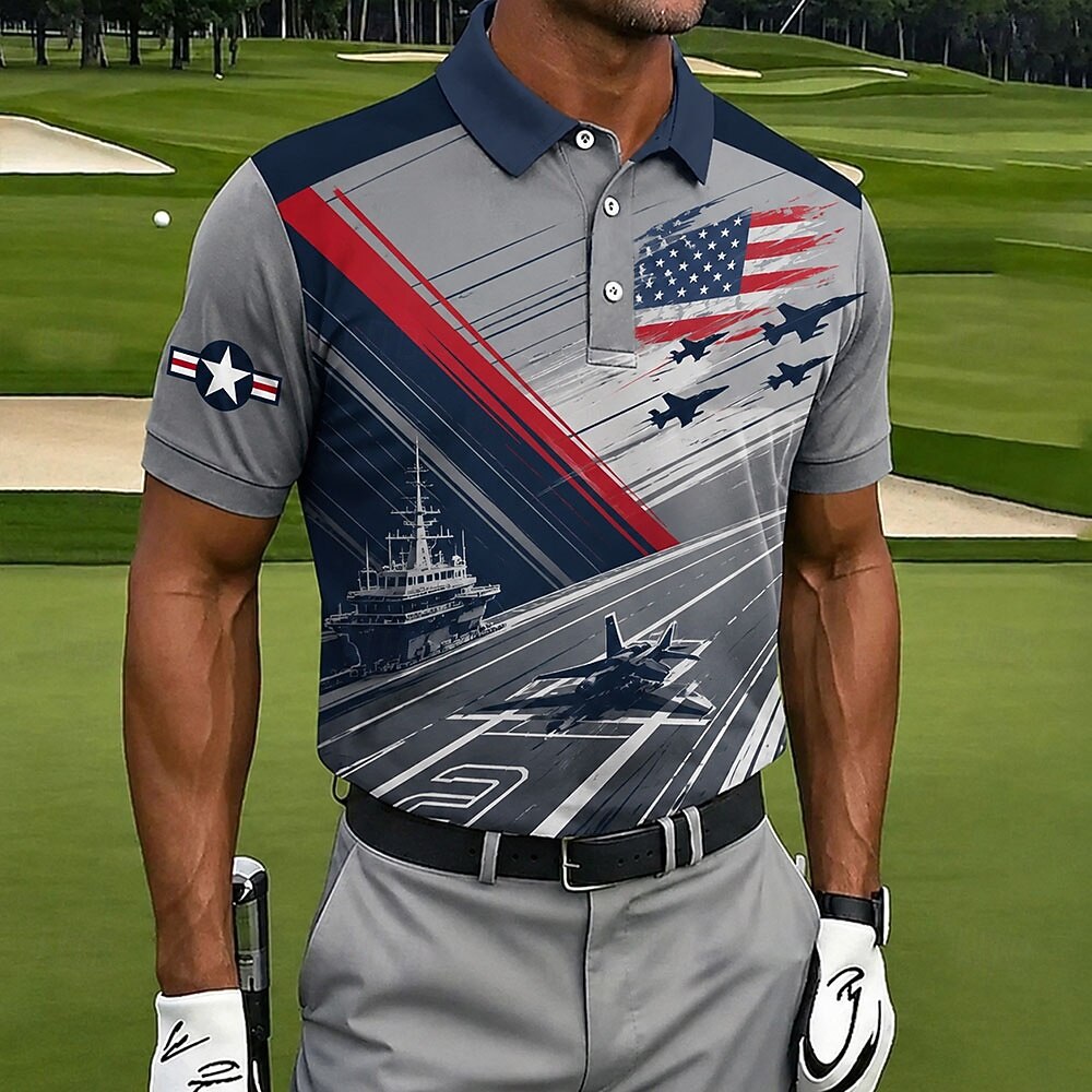 Vintage Black Camo American Flag Mens Polo – Gold Star & Lightning Design, Breathable Performance Golf Top