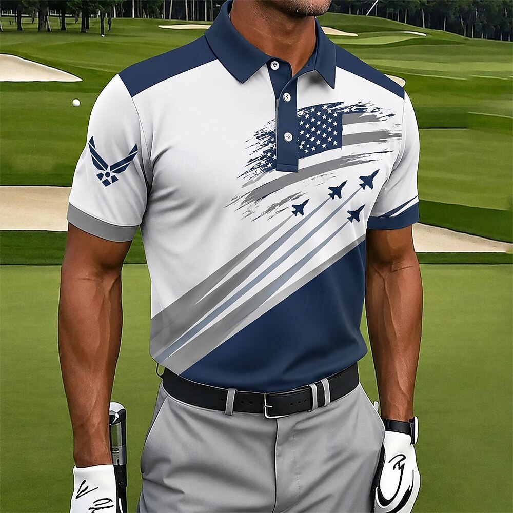 Vintage Black Camo American Flag Mens Polo – Gold Star & Lightning Design, Breathable Performance Golf Top