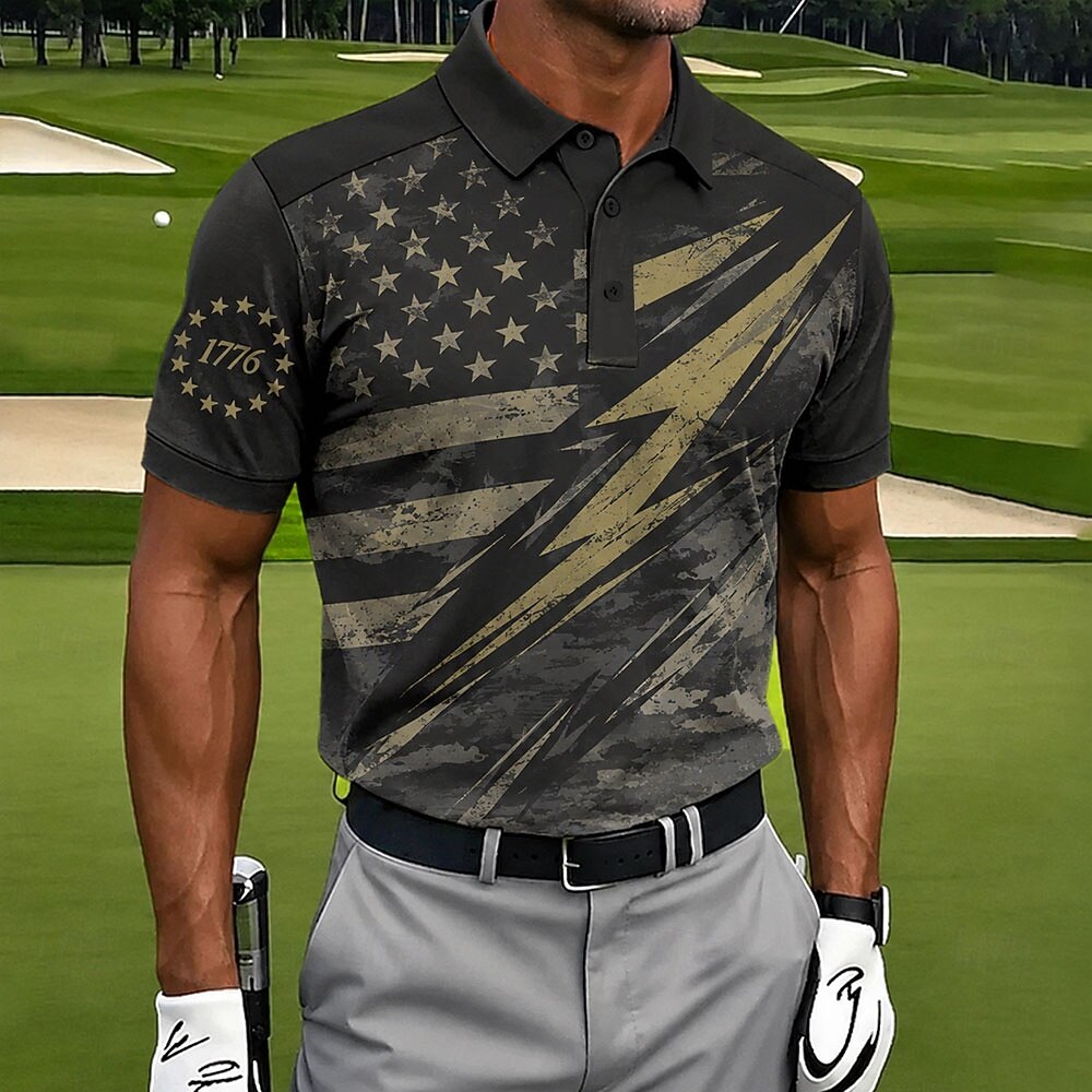 Vintage Black Camo American Flag Mens Polo – Gold Star & Lightning Design, Breathable Performance Golf Top