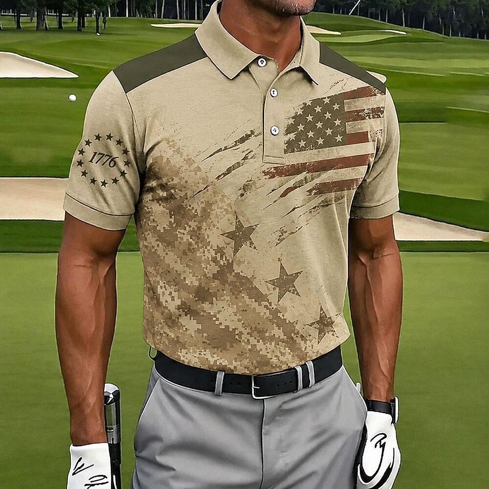 Vintage Black Camo American Flag Mens Polo – Gold Star & Lightning Design, Breathable Performance Golf Top