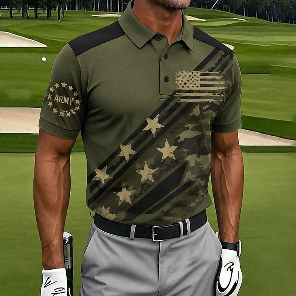 Vintage Black Camo American Flag Mens Polo – Gold Star & Lightning Design, Breathable Performance Golf Top