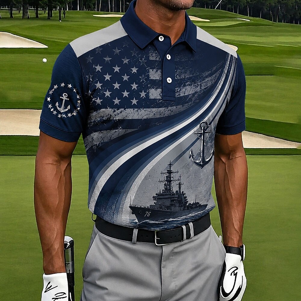 Vintage Black Camo American Flag Mens Polo – Gold Star & Lightning Design, Breathable Performance Golf Top