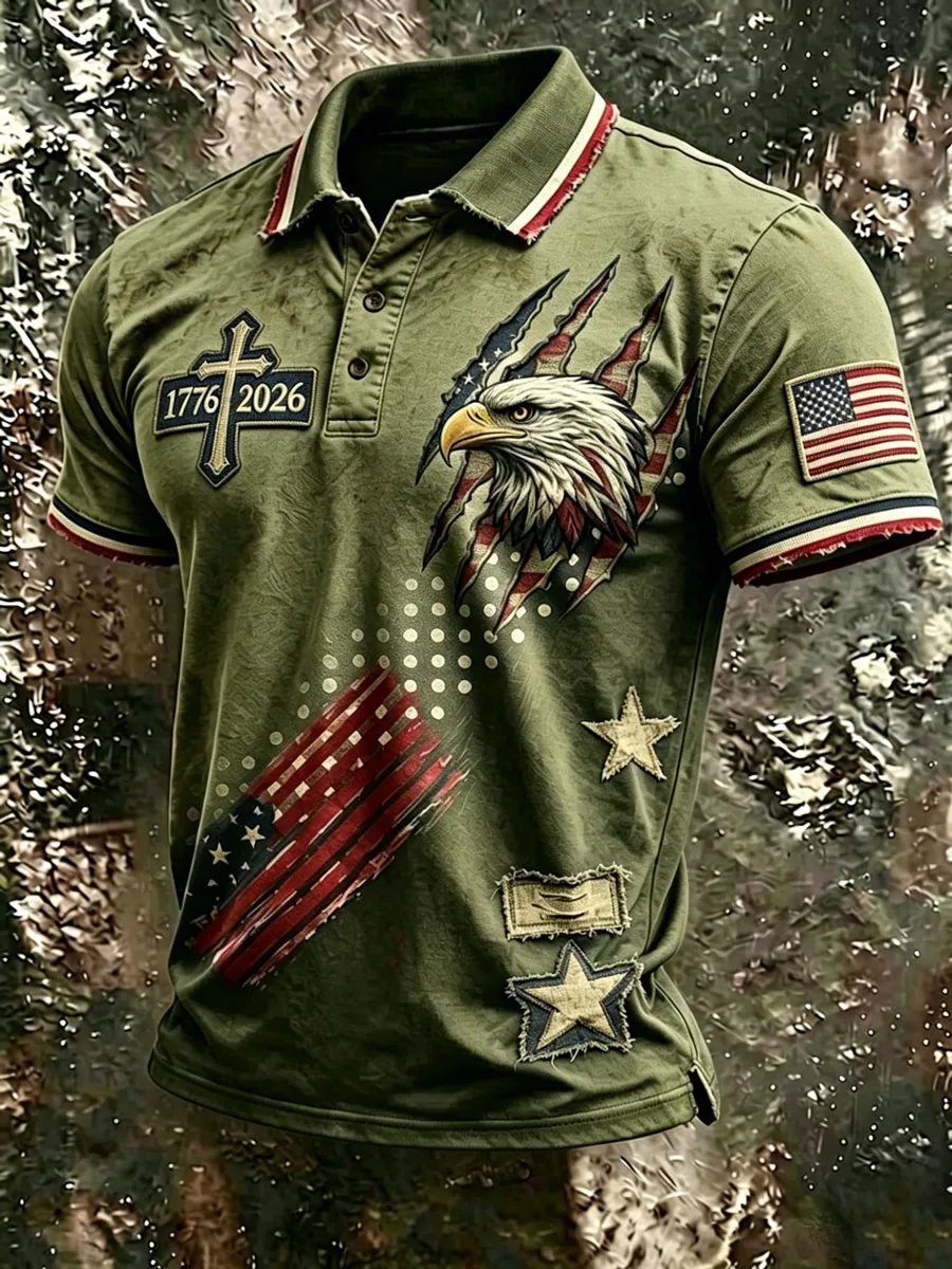 Vintage USA Patriotic Eagle 1776-2026 Distressed Polo Shirt, American Flag Cross Print Casual Top