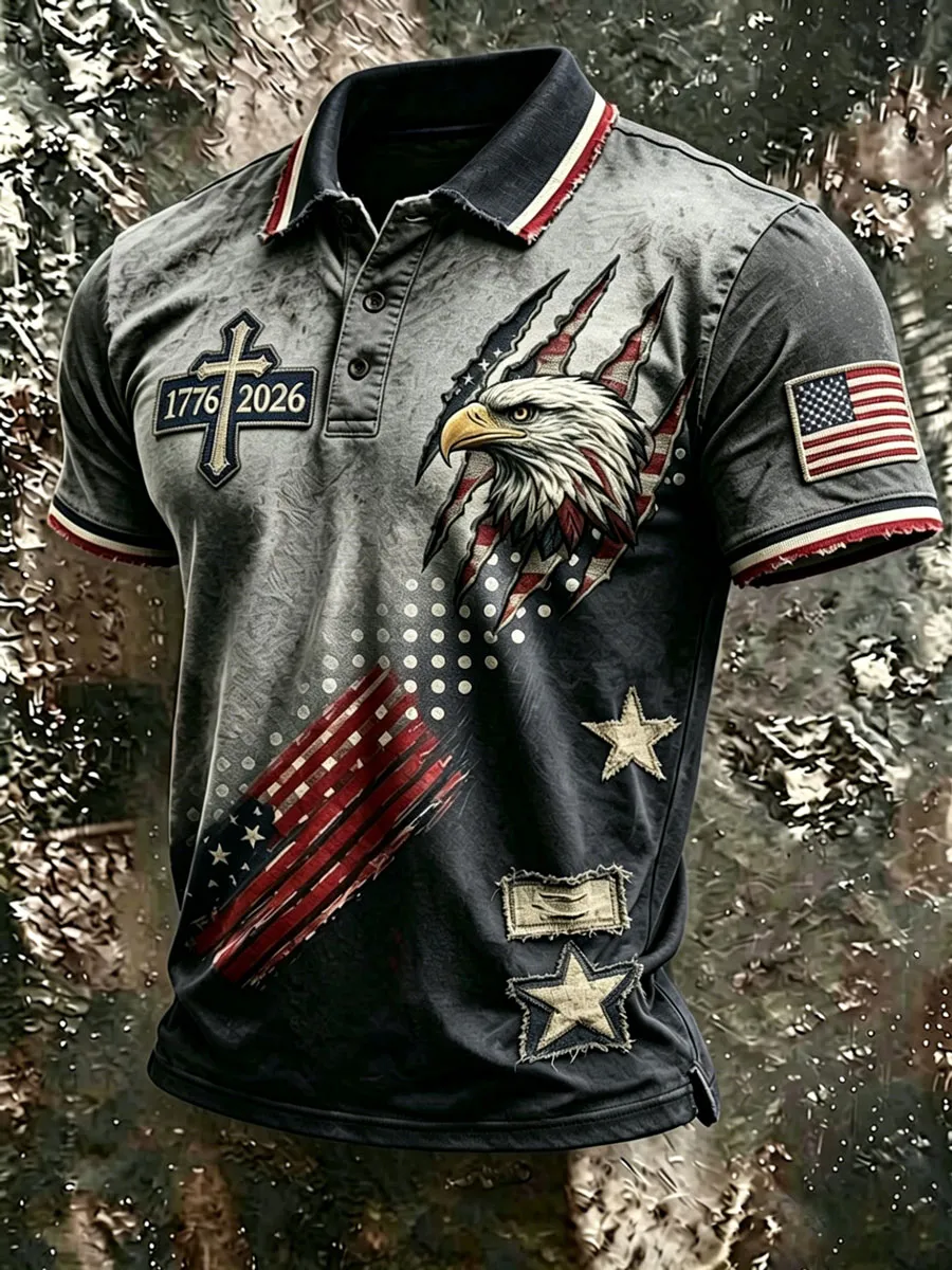 Vintage USA Patriotic Eagle 1776-2026 Distressed Polo Shirt, American Flag Cross Print Casual Top