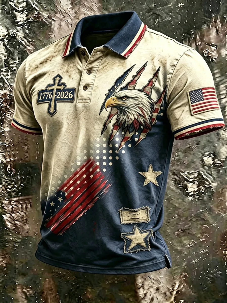 Vintage USA Patriotic Eagle 1776-2026 Distressed Polo Shirt, American Flag Cross Print Casual Top