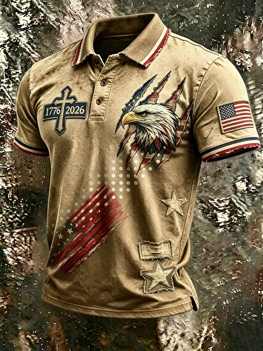 Vintage USA Patriotic Eagle 1776-2026 Distressed Polo Shirt, American Flag Cross Print Casual Top