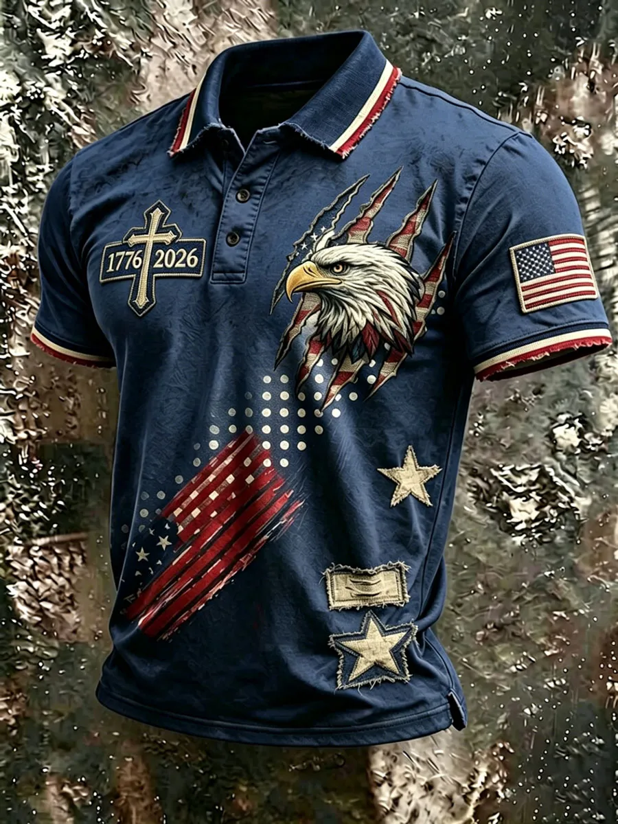 Vintage USA Patriotic Eagle 1776-2026 Distressed Polo Shirt, American Flag Cross Print Casual Top