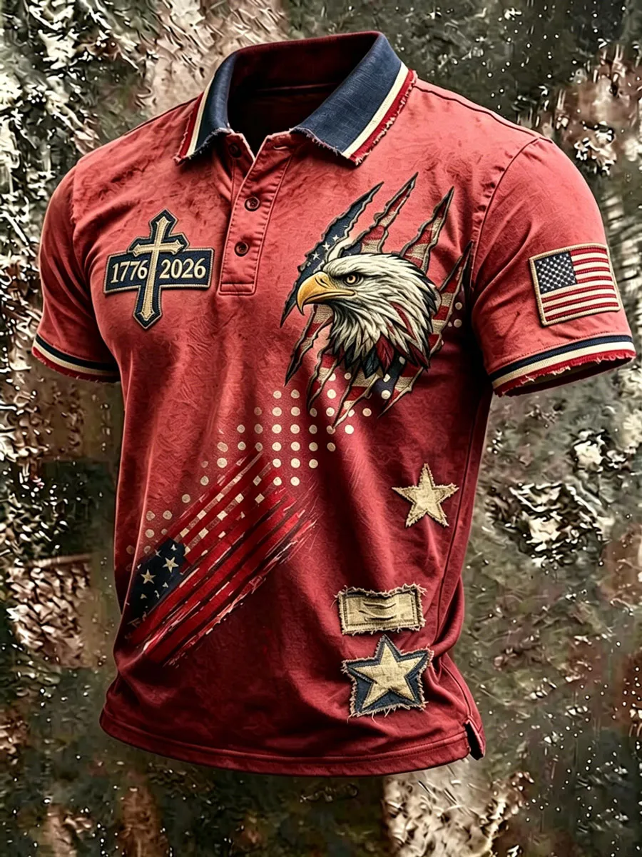 Vintage USA Patriotic Eagle 1776-2026 Distressed Polo Shirt, American Flag Cross Print Casual Top