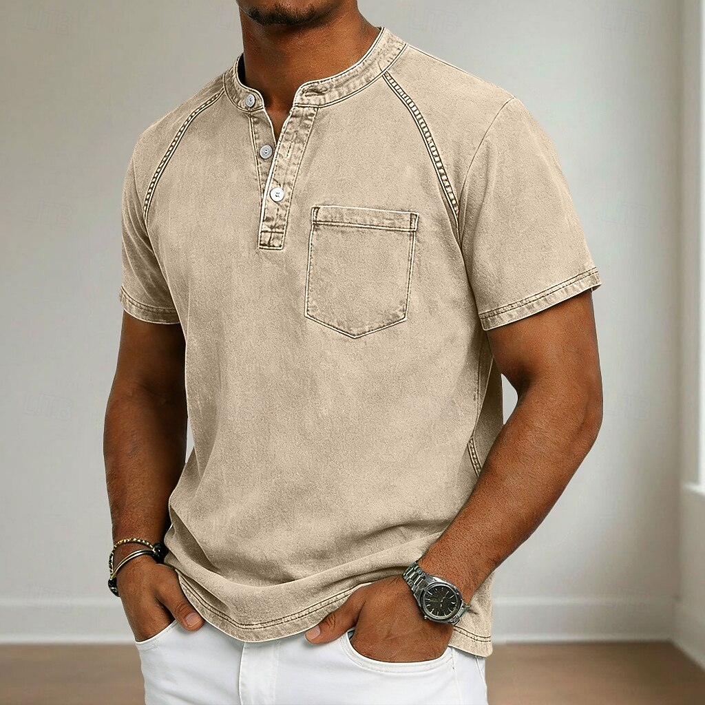 Henley Chest Pocket Washed Raglan Short Sleeve Tee for Men