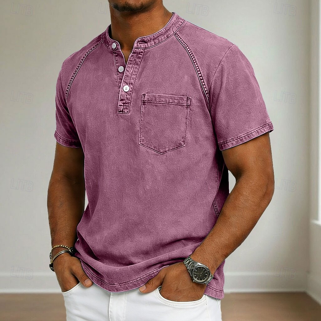 Men’s Vintage Washed Raglan Pocket Henley Short Sleeve Shirt