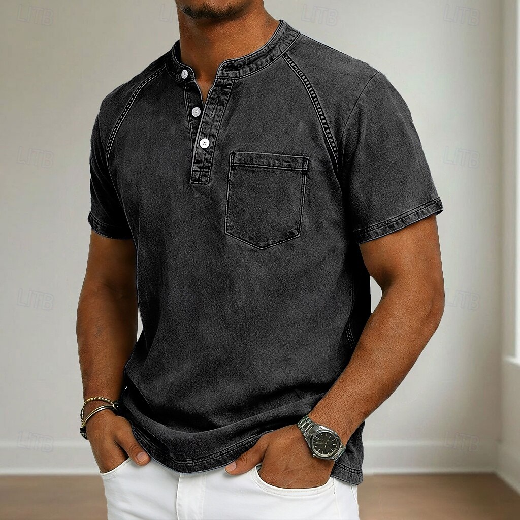 Henley Chest Pocket Washed Raglan Short Sleeve Tee for Men