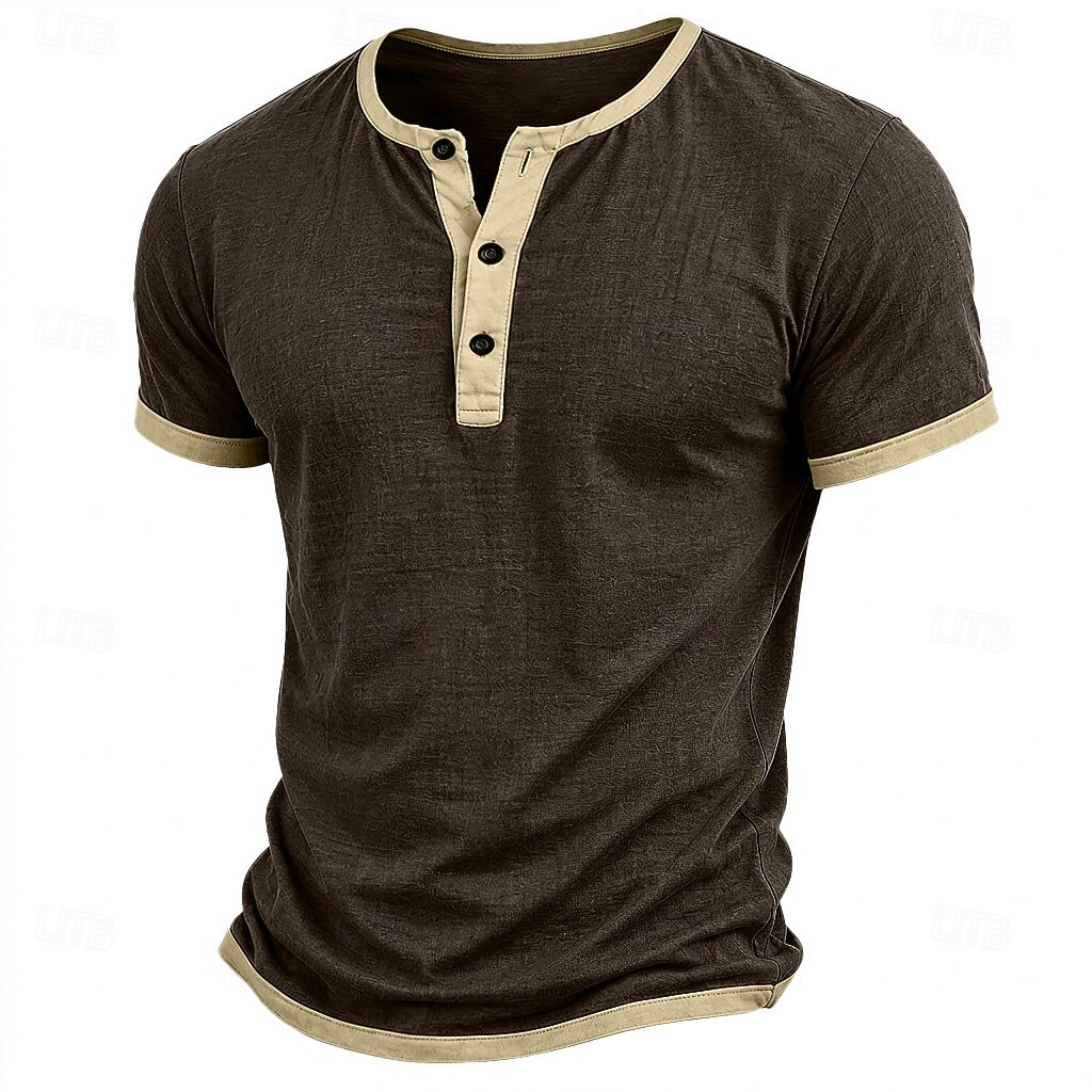 Men's Color Block Henley Tee - Designer Patchwork Casual