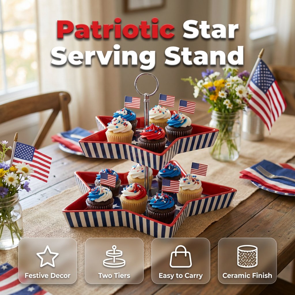 Patriotic Star-Shaped 2-Tier Serving Tray, American Flag Design Ceramic Tiered Platter with Metal Handle