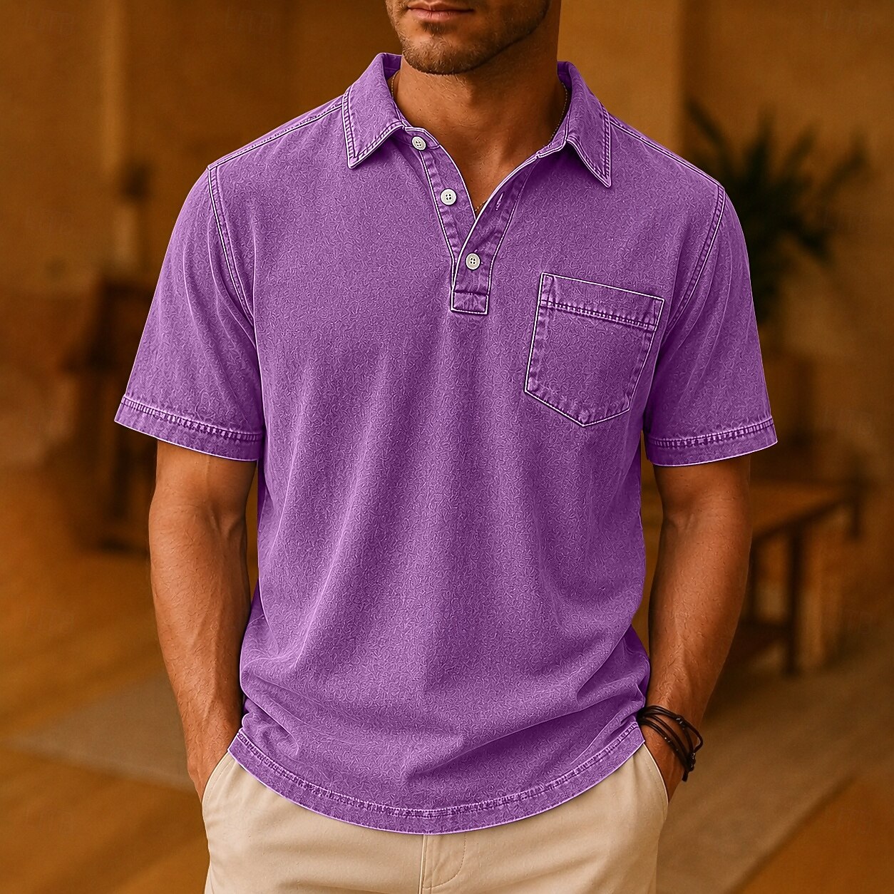 Men’s 100% cotton denim-style polo shirts, short-sleeve button-down golf shirts—breathable, moisture-wicking, soft, and comfortable.