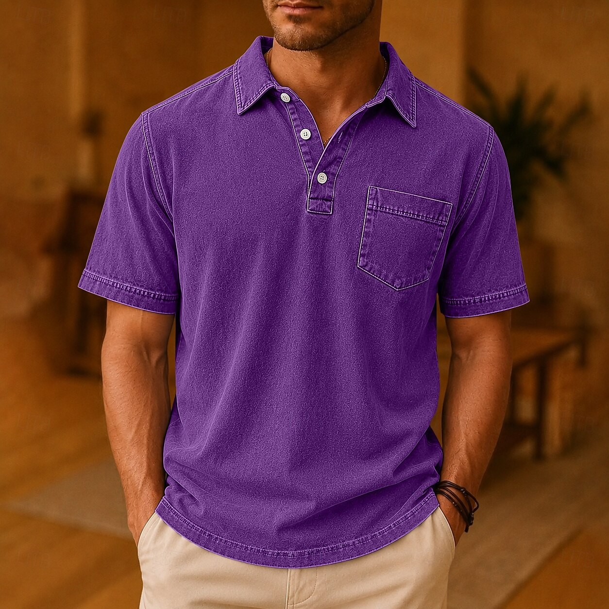 Men’s 100% cotton denim-style polo shirts, short-sleeve button-down golf shirts—breathable, moisture-wicking, soft, and comfortable.