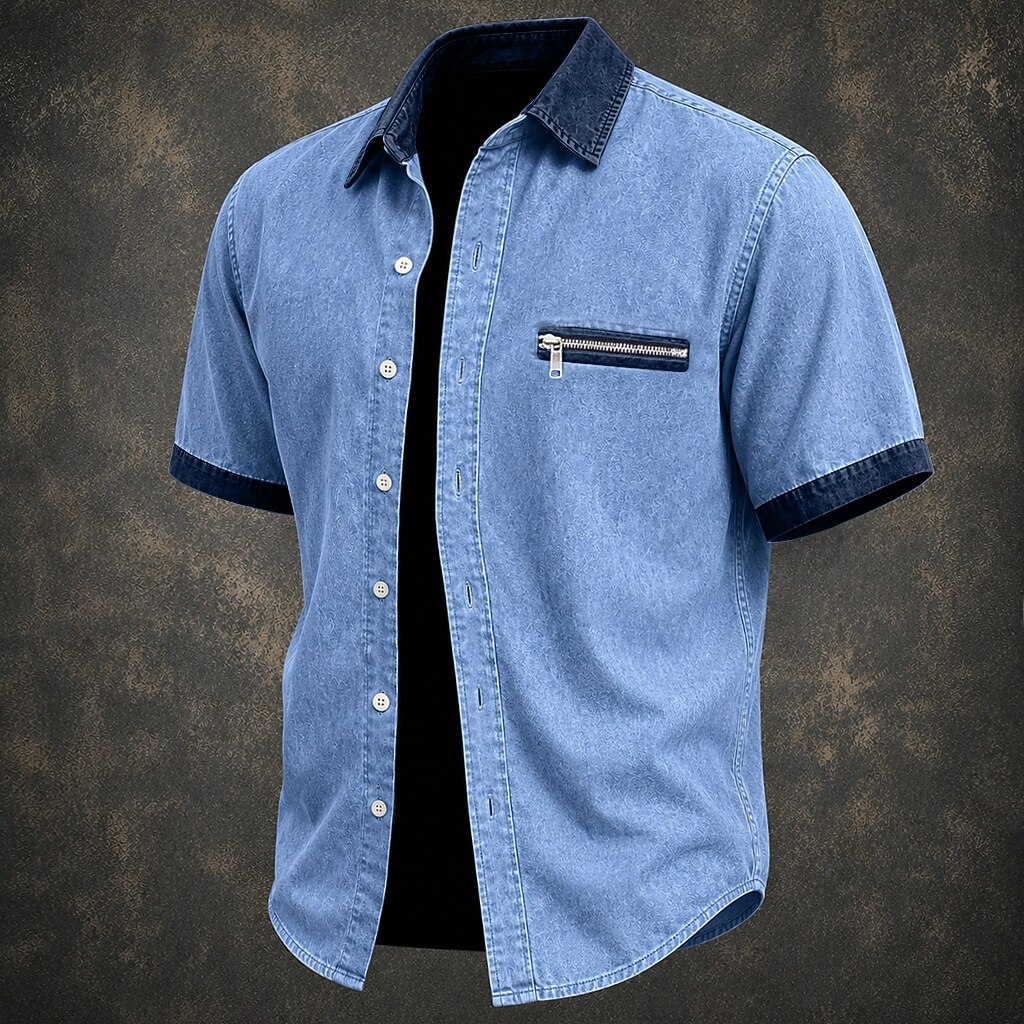 SoftFade™ Men Shirt Casual Shirt Denim Shirt Cotton Acid Wash Shirt Acid Wash Shirt Black Green khaki Gray Light Blue Short Sleeve Plain Shirt Collar Casual Daily Color Block Clothing Apparel Elegant