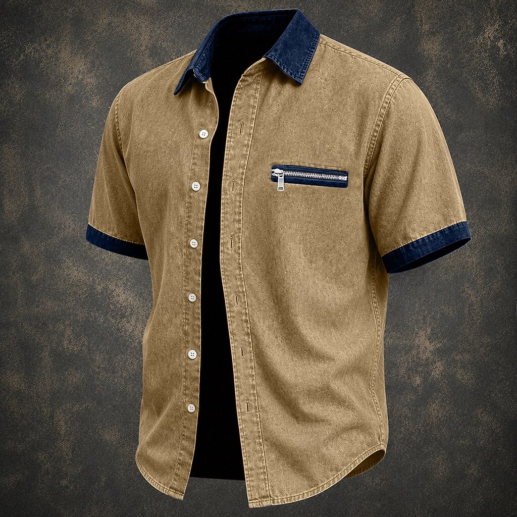 SoftFade™ Men Shirt Casual Shirt Denim Shirt Cotton Acid Wash Shirt Acid Wash Shirt Black Green khaki Gray Light Blue Short Sleeve Plain Shirt Collar Casual Daily Color Block Clothing Apparel Elegant