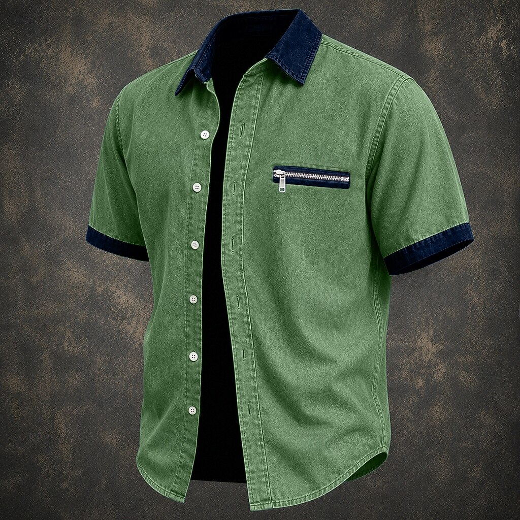 SoftFade™ Men Shirt Casual Shirt Denim Shirt Cotton Acid Wash Shirt Acid Wash Shirt Black Green khaki Gray Light Blue Short Sleeve Plain Shirt Collar Casual Daily Color Block Clothing Apparel Elegant