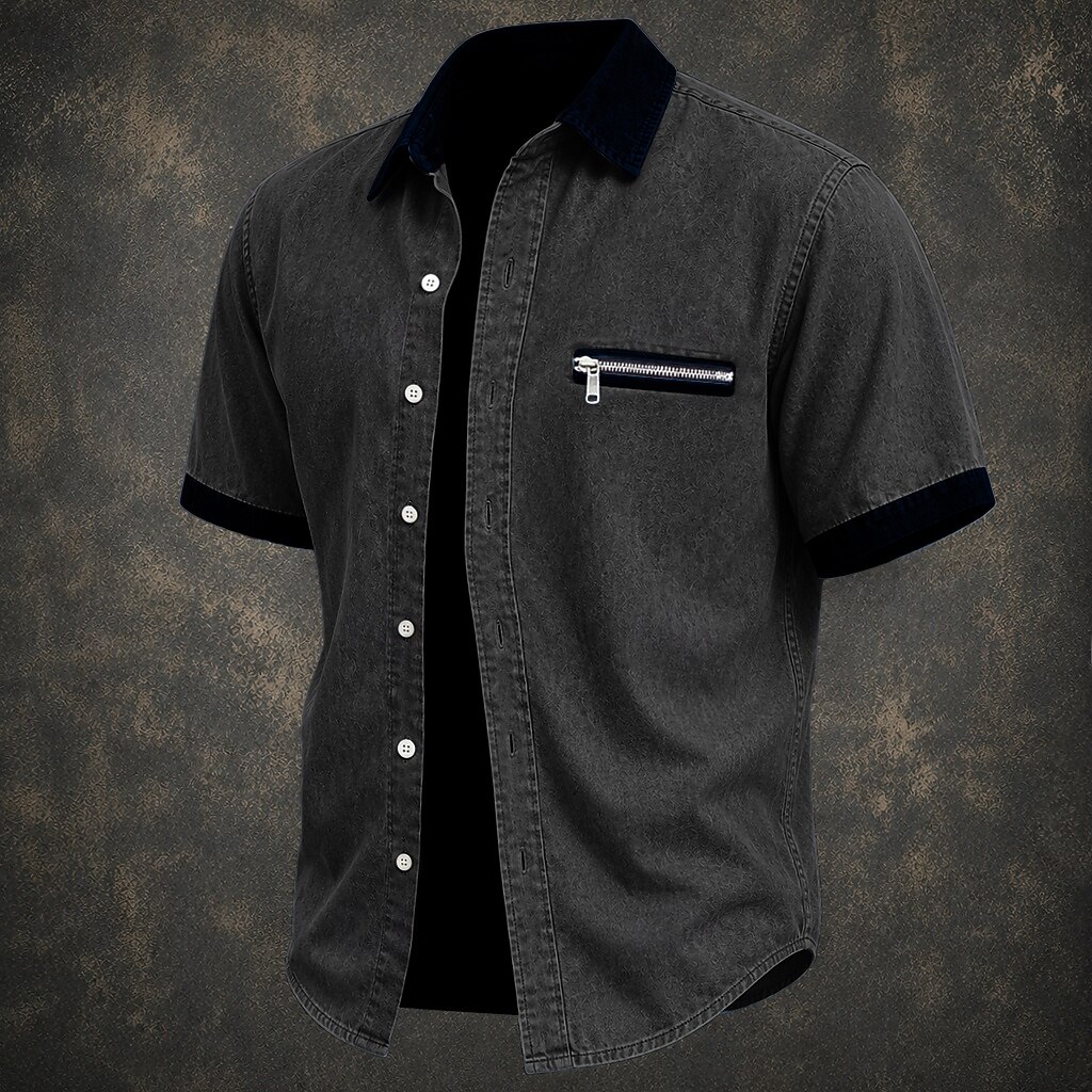SoftFade™ Men Shirt Casual Shirt Denim Shirt Cotton Acid Wash Shirt Acid Wash Shirt Black Green khaki Gray Light Blue Short Sleeve Plain Shirt Collar Casual Daily Color Block Clothing Apparel Elegant