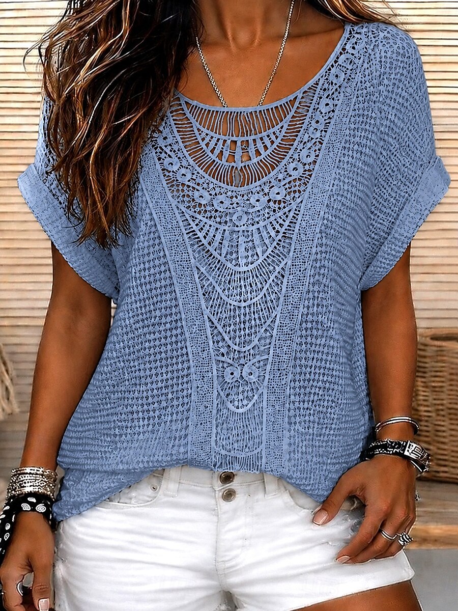 Boho Hollow Crochet Lace Round Neck Cuff Short Sleeve Loose Fit Women Blouse