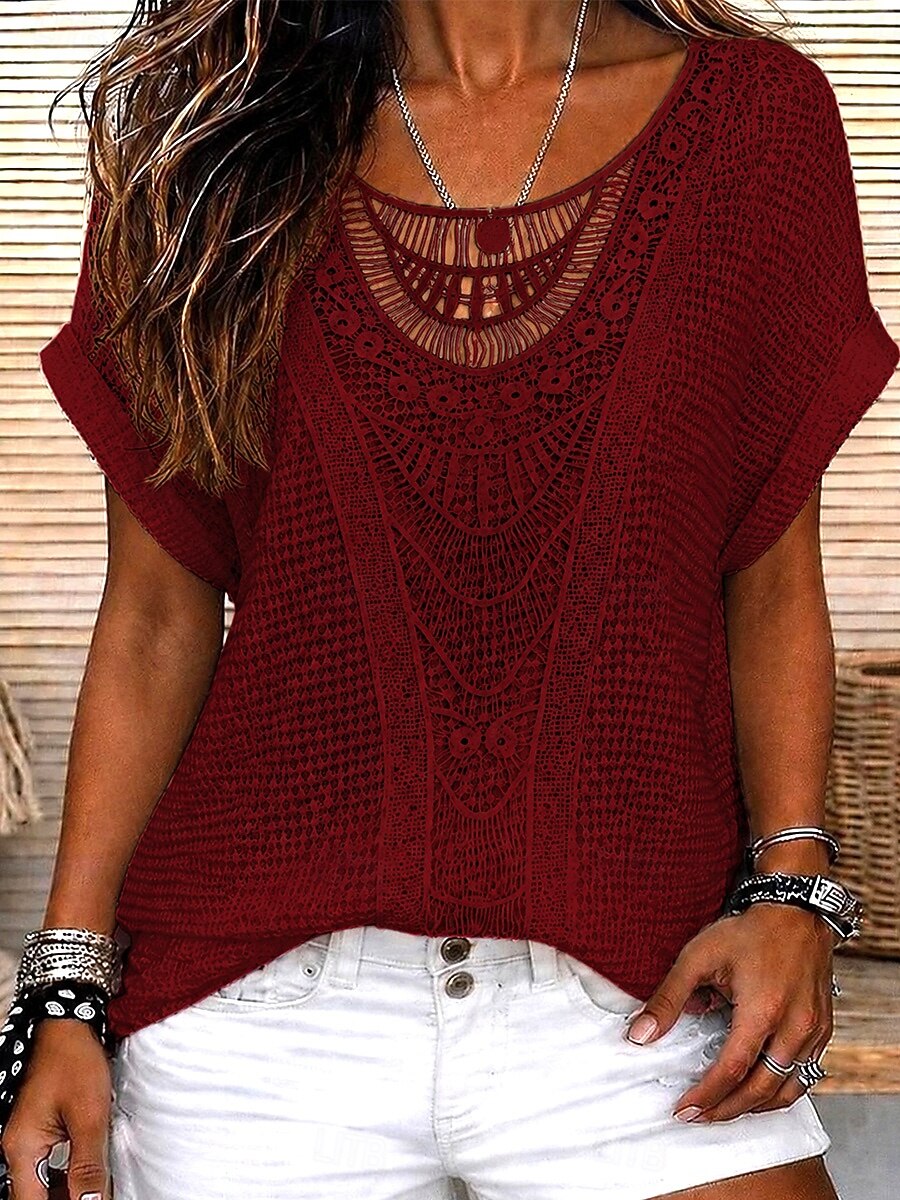 Boho Hollow Crochet Lace Round Neck Cuff Short Sleeve Loose Fit Women Blouse
