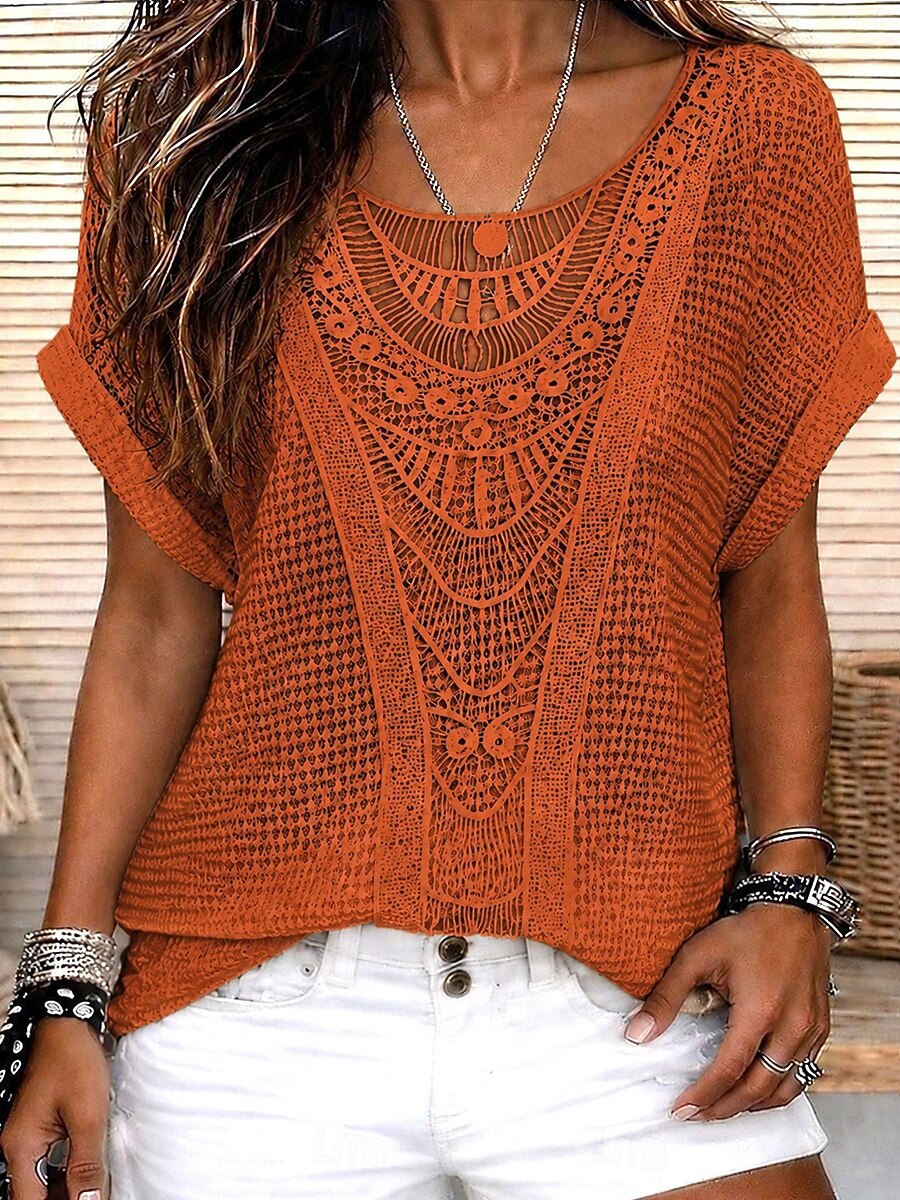 Boho Hollow Crochet Lace Round Neck Cuff Short Sleeve Loose Fit Women Blouse