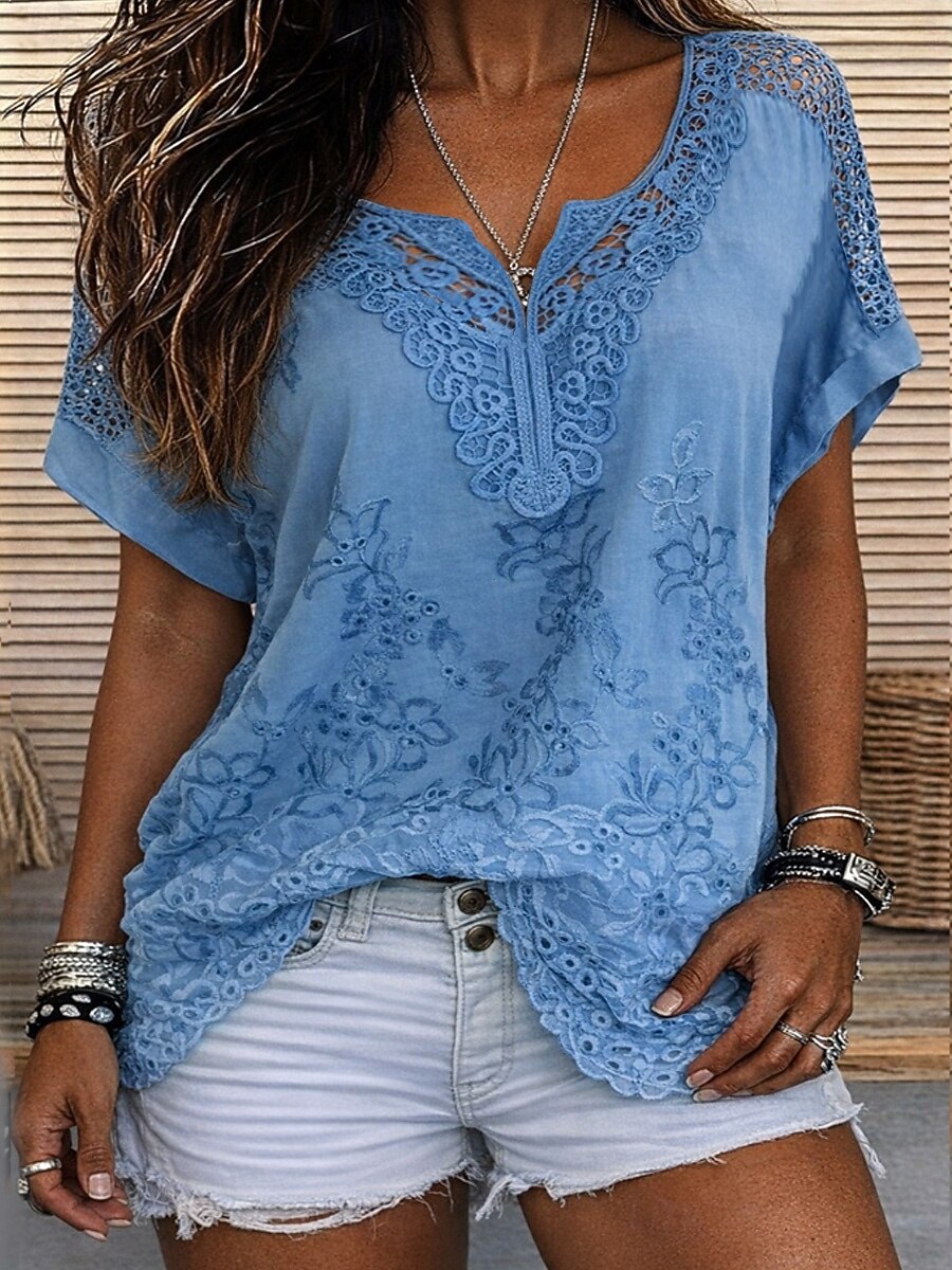 Women's Lace Embroidered Blouse, V-Neck Short Sleeve Casual Boho Top