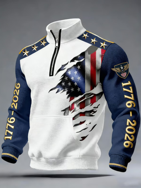 Men's 1776-2026 USA 250th Anniversary Quarter-Zip Waffle Knit Sweatshirt, Patriotic Flag Print Long Sleeve Top