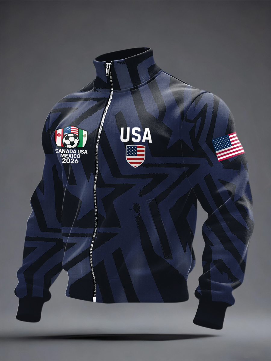 Men's USA 2026 World Cup Track Jacket, Full-Zip Soccer Star Pattern Patriotic Casual Jacket