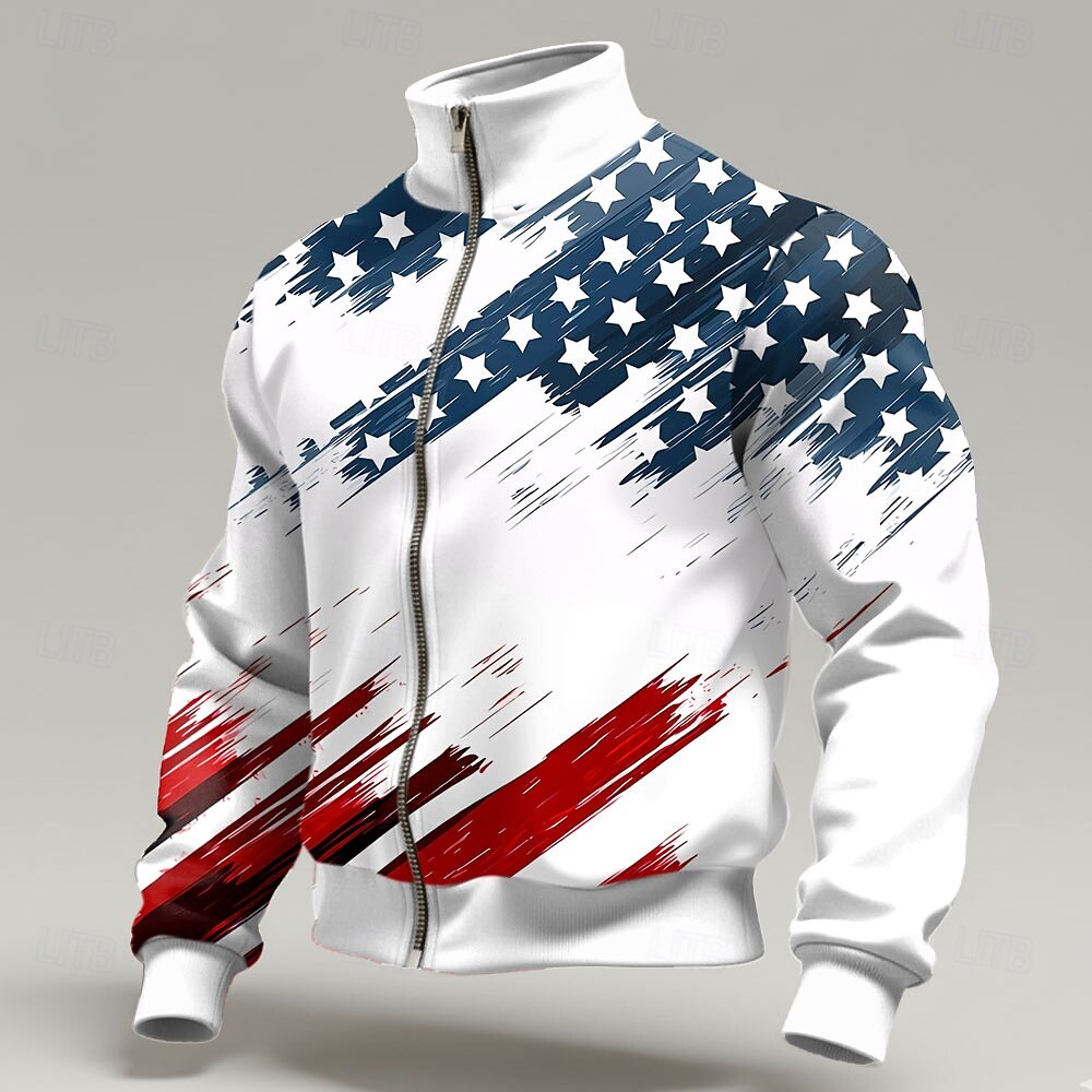 Men's American Flag Brushstroke Print Full-Zip Track Jacket, Patriotic Red White Blue Stand Collar Casual Jacket
