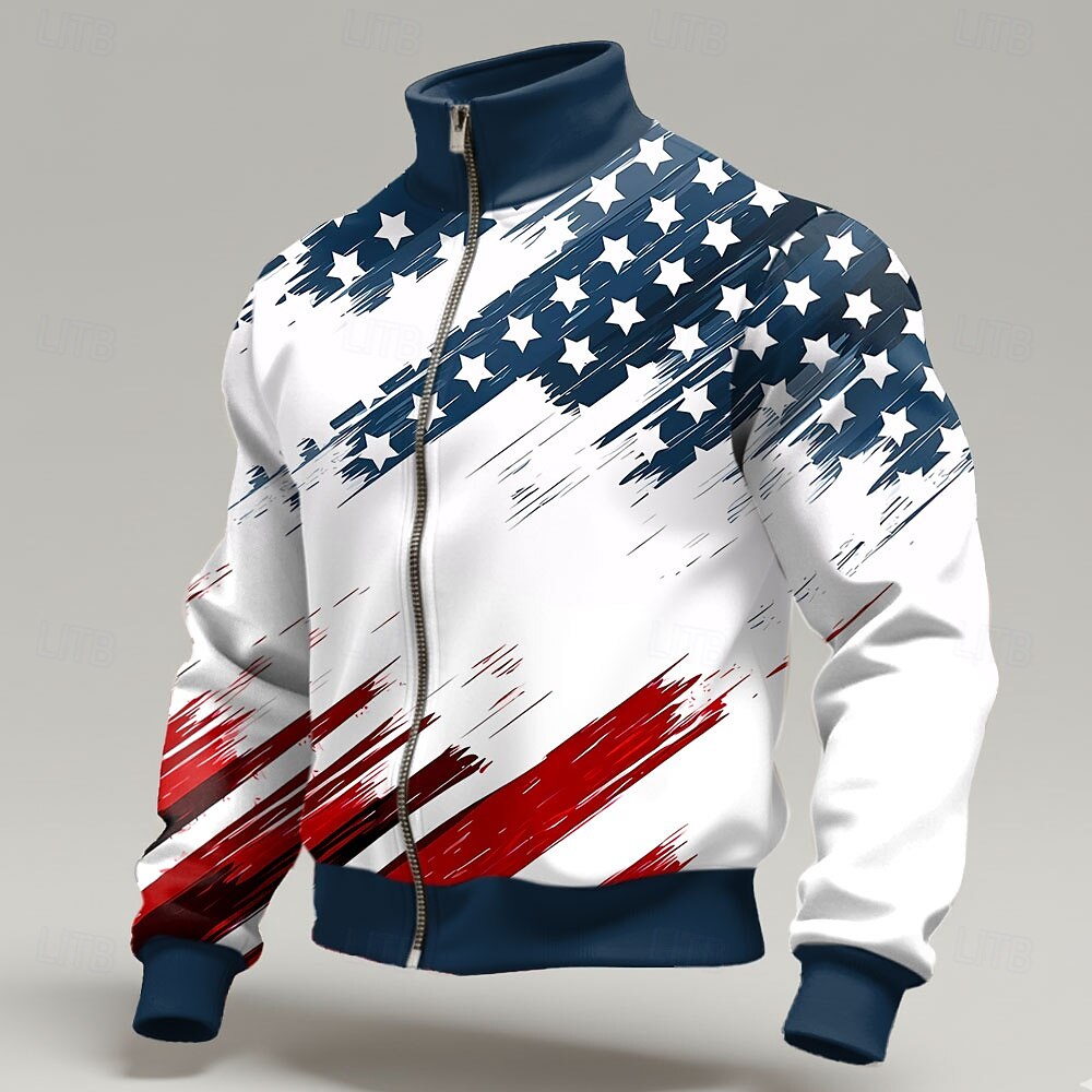 Men's American Flag Brushstroke Print Full-Zip Track Jacket, Patriotic Red White Blue Stand Collar Casual Jacket